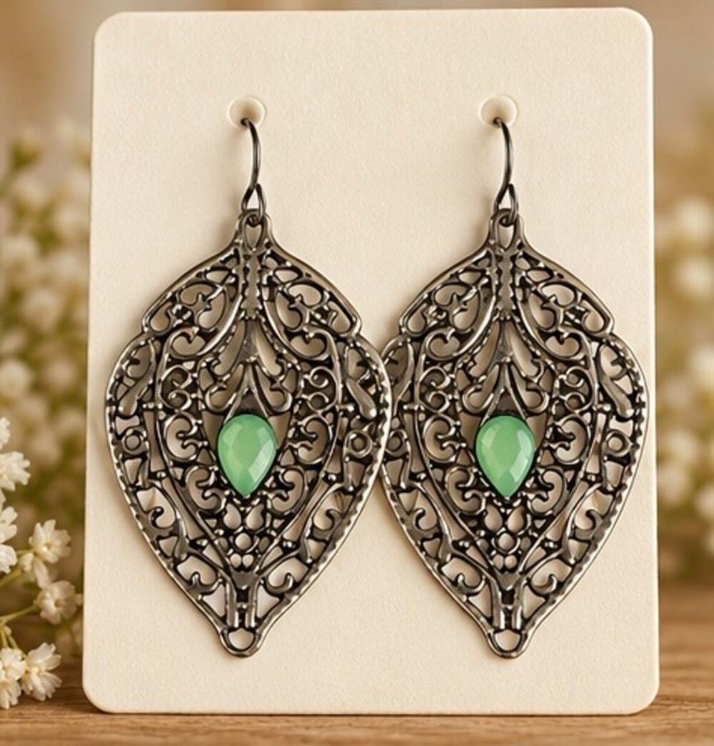 Handcrafted Green Accent Filigree style Dangle Earrings